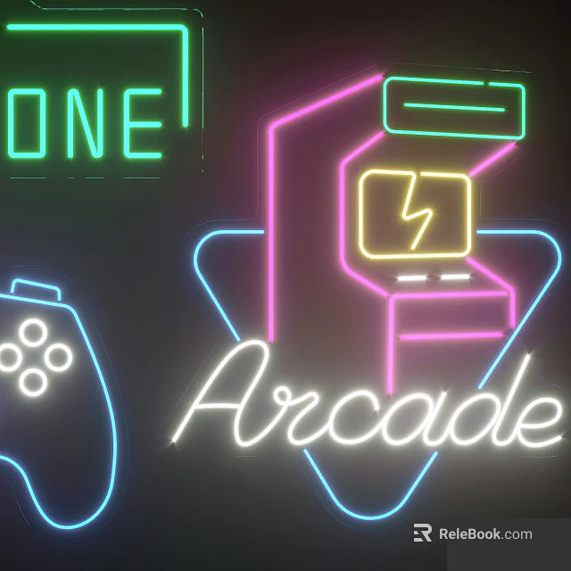 Neon Decorative Lights For Arcade Themed Room With Game Controller And Machine Design 3d model