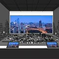 Modern Exhibition Hall Interior Design With Large LED Screen Cityscape Glass Walls And Display Counters