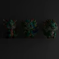 Three Cute Cartoon Dragon Sculptures With Vibrant Colors And Green Design On Shelf