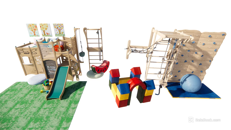 Durable Indoor Children's Play Equipment with Slide Climbing Frame Building Blocks and Soft Ball 3d model 