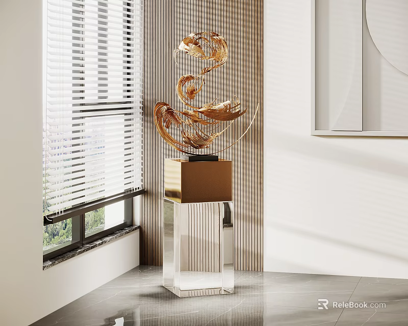 Modern Gold Metal Sculpture Carving With Curved Design On Acrylic Pedestal For Interior Decor 3d model 