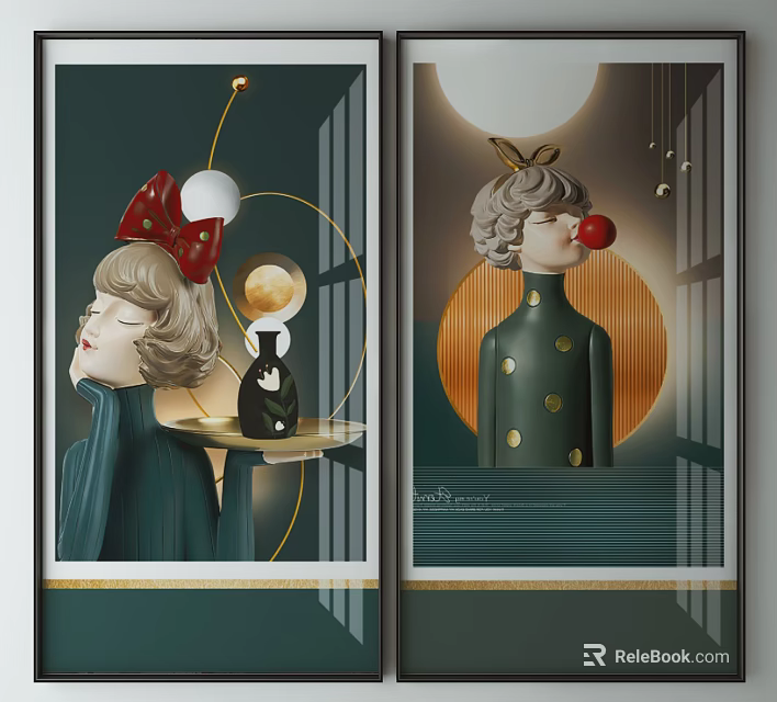 Decorative Wall Art With Female Figures Red Bow Hat Green Dress And Moon Ornament 3d model 