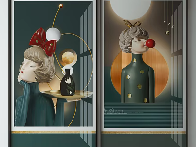 Decorative Wall Art With Female Figures Red Bow Hat Green Dress And Moon Ornament 3d model