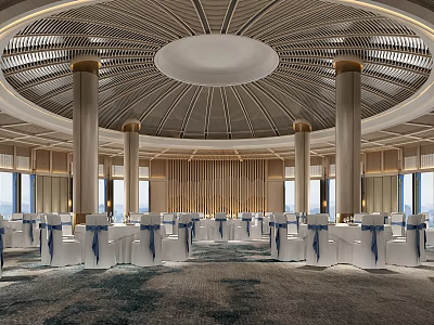 Luxurious Banquet Hall Interior With Circular Ceiling Columns White Tables And Blue Ribbon Chairs 3d model