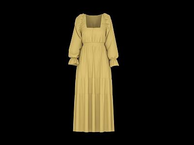 Yellow Long Sleeve Square Neck Pleated Midi Dress with Ruffled Cuffs and Fitted Waist 3d model