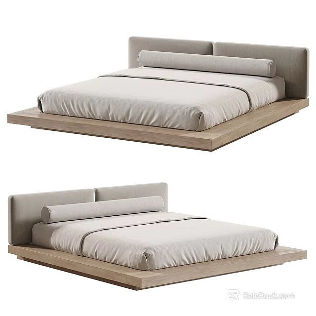Minimalist Modern Double Bed With Wooden Platform Frame And Light Upholstered Headboard 3d model 