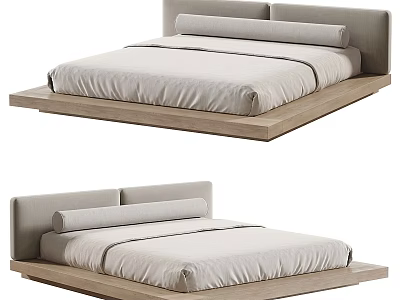 Minimalist Modern Double Bed With Wooden Platform Frame And Light Upholstered Headboard 3d model