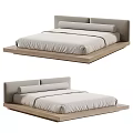 Minimalist Modern Double Bed With Wooden Platform Frame And Light Upholstered Headboard