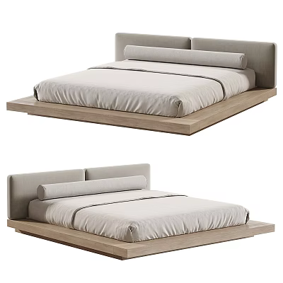 Minimalist Modern Double Bed With Wooden Platform Frame And Light Upholstered Headboard 3d model