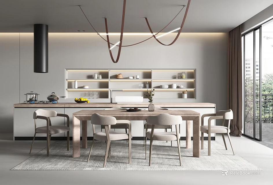 Modern Restaurant Interior Design With Dining Table Chairs And Stylish Hanging Lights 3d model