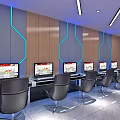 Innovative Internet Cafe Interior With Modern Computers Comfortable Chairs And Blue Accent Walls 3d model