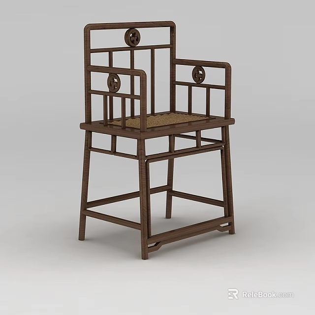 Traditional Chinese Style Wooden Chair With Carved Backrest And Rattan Seat 3d model 