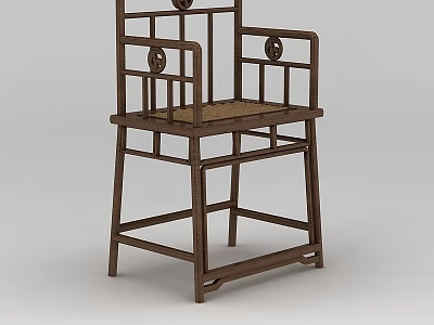 Traditional Chinese Style Wooden Chair With Carved Backrest And Rattan Seat 3d model