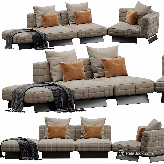 Light Gray Sectional Sofa with Brown Pillows Gray Throw Blanket Modern Modular Living Room 3d model 