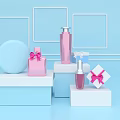 Cosmetic Display With Pink Bow Gift Boxes And Bottles On Blue Background 3d model