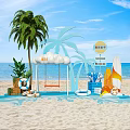 Beach Leisure Scene With Palm Tree Swing Surfboard And Blue Ocean View