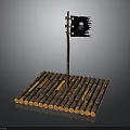 Simple Wooden Raft Water Transport With Logs And Black Skull Flag