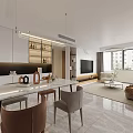 Modern Open Living Dining Room Interior With Dining Table Chairs Sofa TV And Pendant Lights