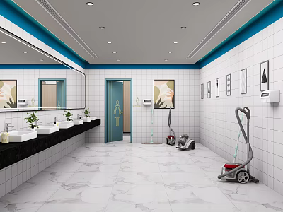 Bright Clean Modern Public Toilet With Marble Floors Multiple Sinks And Complete Cleaning Equipment 3d model