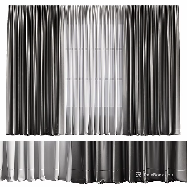 Elegant Modern Layered Window Curtains With Dark Opaque Panels And Light Sheer Fabric 3d model 