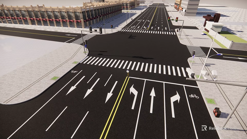 Urban Road Facilities at Intersection With Crosswalks Lane Arrows And Bicycle Lane 3d model 
