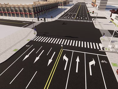 Urban Road Facilities at Intersection With Crosswalks Lane Arrows And Bicycle Lane 3d model