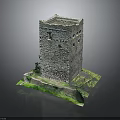 Ancient Stone Tower Model With Detailed Base And Green Grass