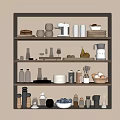 Neutral Toned Open Kitchen Shelves Organized With Assorted Kitchenware And Storage Containers