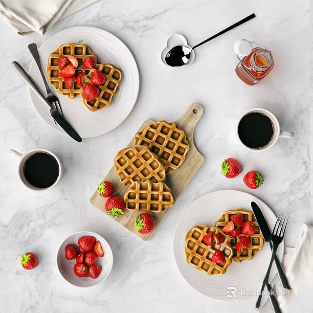 Fresh Homemade Waffles Topped With Strawberries Served With Coffee And Syrup On Marble Table 3d model 