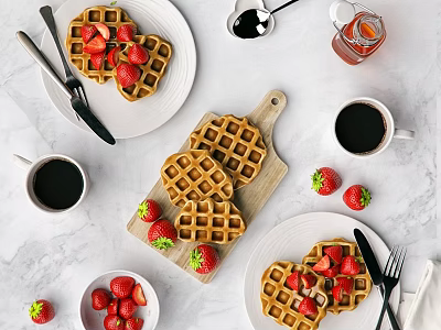 Fresh Homemade Waffles Topped With Strawberries Served With Coffee And Syrup On Marble Table 3d model