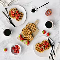 Fresh Homemade Waffles Topped With Strawberries Served With Coffee And Syrup On Marble Table
