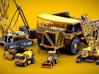 Yellow Construction Utility Vehicles Including Dump Truck Excavator Loader And Crane 3d model