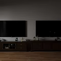 Brown Wooden TV Stands With Decorative Items And Flat Screen TVs Mounted On Wall
