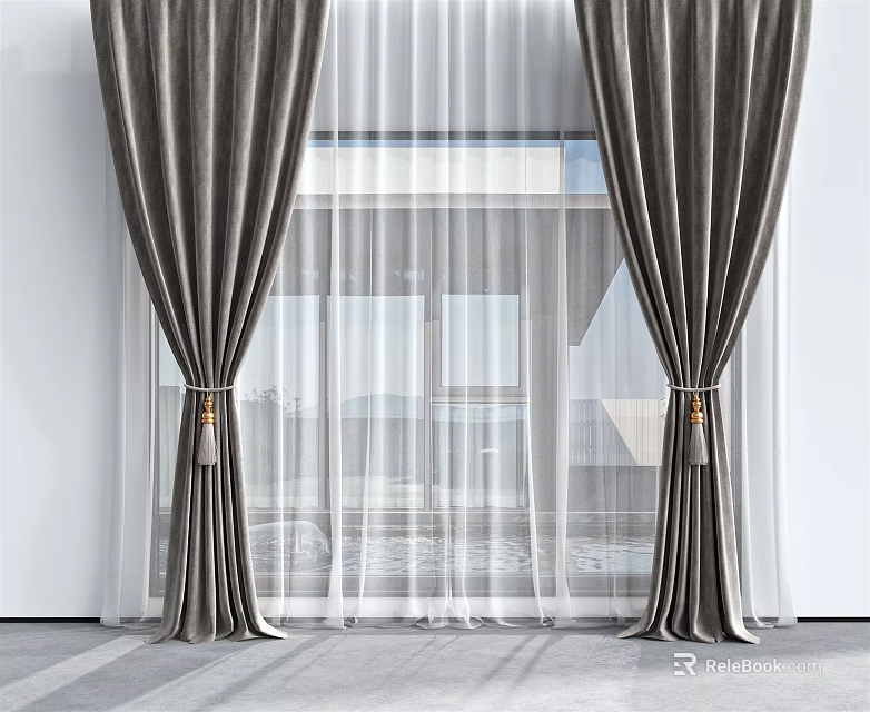 Dark Colored Velvet Curtains With Sheer Layer And Tassel For Window Decoration 3d model 