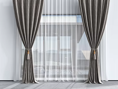 Dark Colored Velvet Curtains With Sheer Layer And Tassel For Window Decoration 3d model
