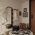 Stylish Entryway With Wavy Mirror Hanging Knitted Sweater Decorative Wall Art And Potted Plants
