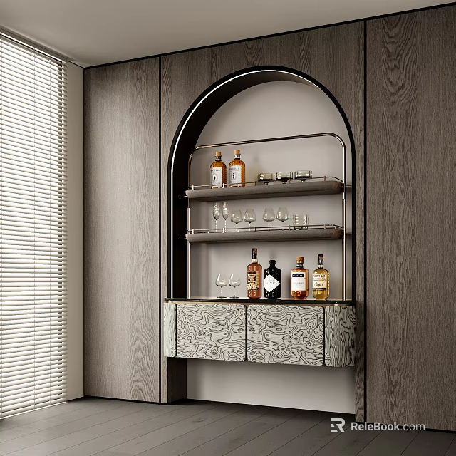 Modern Arched Wine Cabinet with Patterned Doors and Wine Bottles on Wooden Wall 3d model 