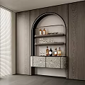 Modern Arched Wine Cabinet with Patterned Doors and Wine Bottles on Wooden Wall