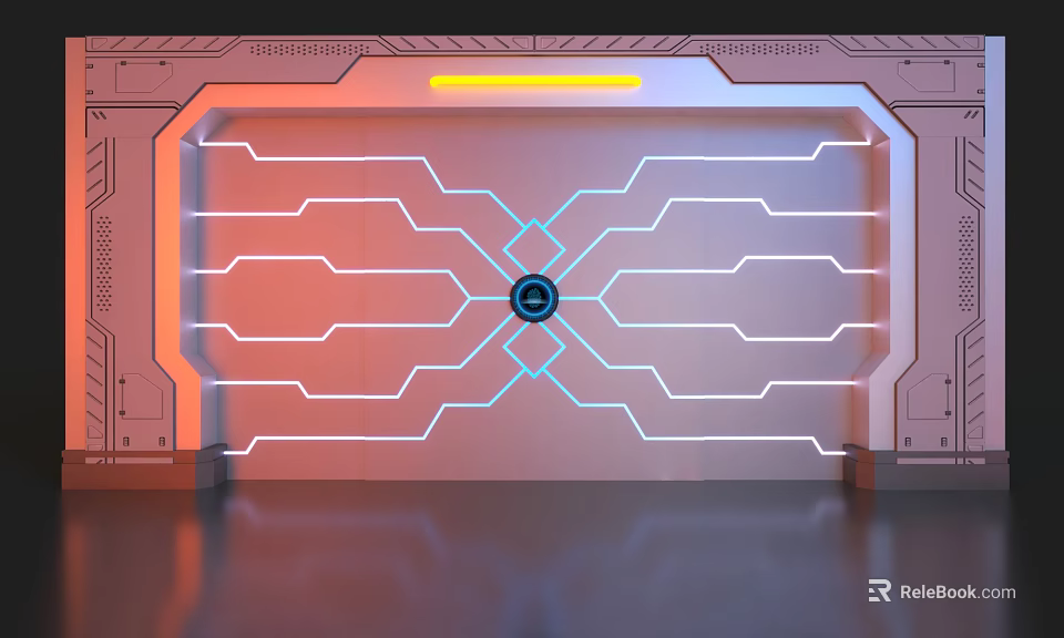 Futuristic Gate With Orange Blue Neon And Symmetric Geometric Lines 3d model 