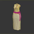 Sleeveless White Long Dress With Red Belt And Vertical Stripes Design