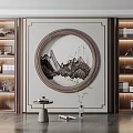 Traditional Chinese Wooden Decorative Cabinets With Circular Landscape Painting Books And Ornaments