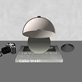 White Mushroom Table Lamp with Dome Shade on CASA WABI Slate Platform and Vintage Camera