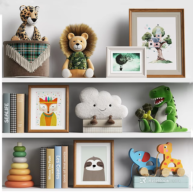 Kids Room Decorative Ornament Set With Plush Toys Picture Frames And Cloud Decor 3d model 