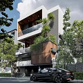 Modern Detached Villa With Wooden Accents Glass Windows Balcony Garage Surrounded by Lush Greenery