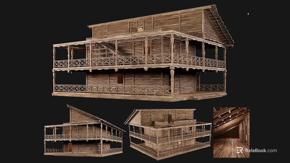 Traditional Wooden Ancient Building with Two Story Structure Carved Balconies Railings and Interior Wooden Texture 3d model 