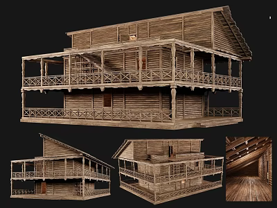 Traditional Wooden Ancient Building with Two Story Structure Carved Balconies Railings and Interior Wooden Texture 3d model