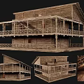 Traditional Wooden Ancient Building with Two Story Structure Carved Balconies Railings and Interior Wooden Texture