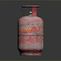 Red Gas Cylinder With Worn Surface And Yellow Writing As Household Item