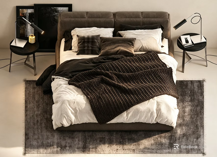 Double Bed With Brown Headboard White Brown Pillows Knitted Blanket On Gray Rug 3d model 