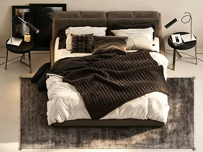 Double Bed With Brown Headboard White Brown Pillows Knitted Blanket On Gray Rug 3d model